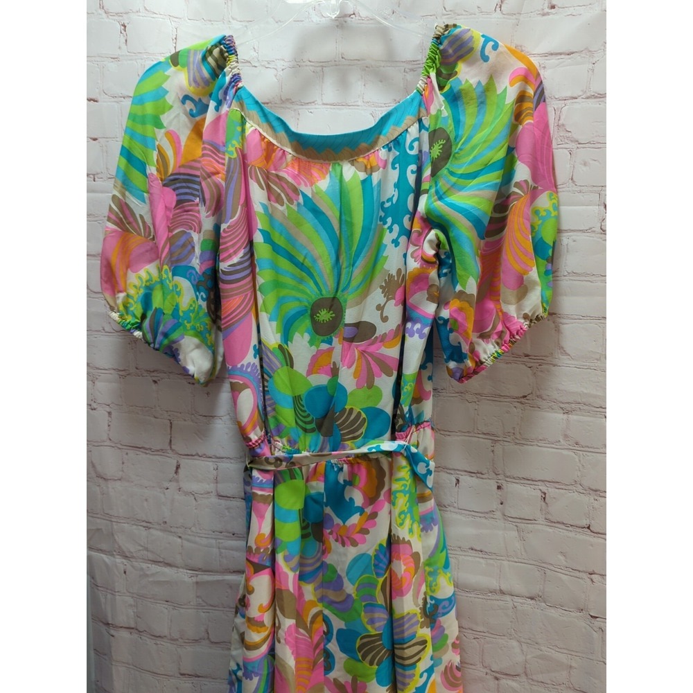 Trina Turk 10 womens silk floral dress lined short sleeve pink blue‎ green - Picture 10 of 12
